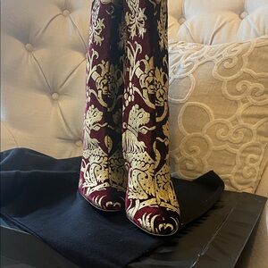 Roberto Cavalli Gold and Burgundy Heeled Boots new in box